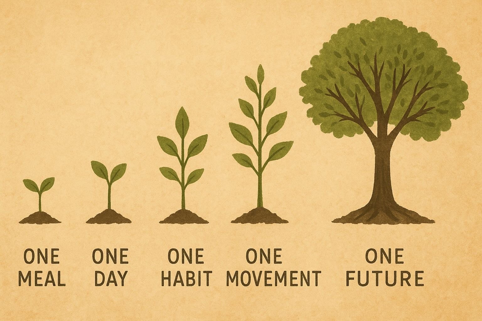 Illustration showing a tiny sprout growing into a large tree, symbolising small plant-based choices blossoming into big change.